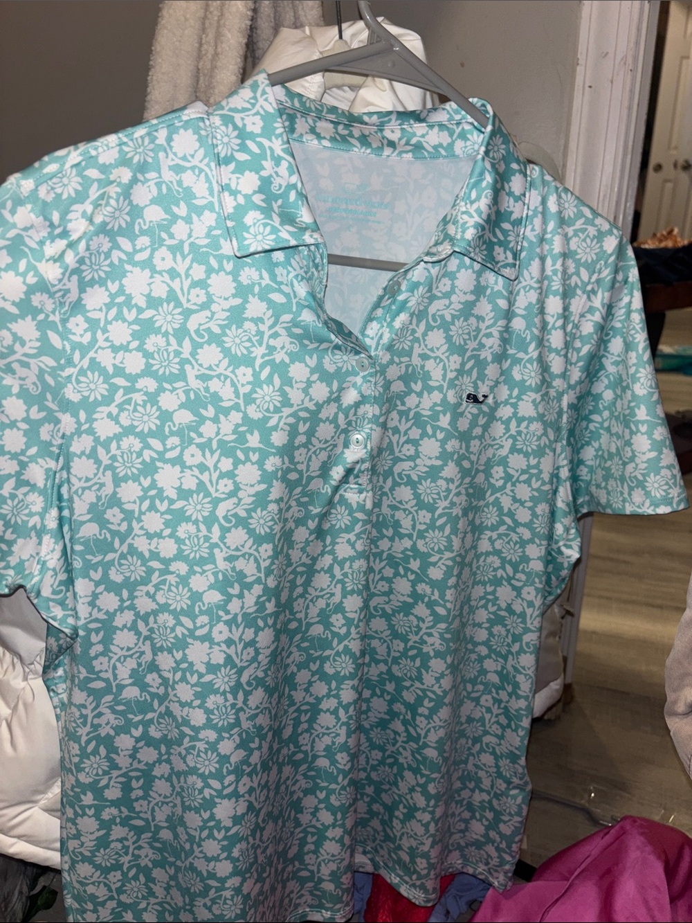 Vineyard Bines Floral Print Polo Shirt - Light Aqua White Sz m/l